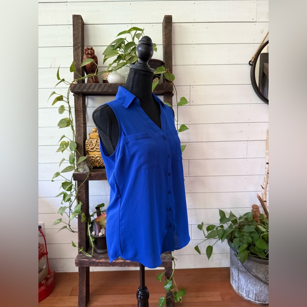 Express: Blue Sleeveless Button-Up Blouse with Cold Shoulder Back - Picture 8 of 17